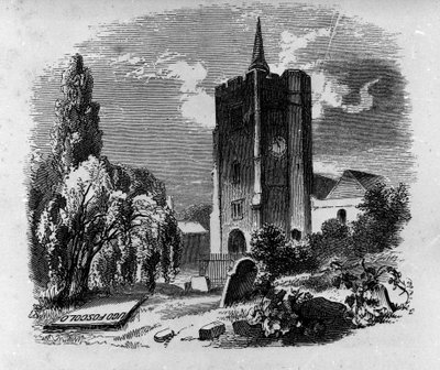 Utsikt över den italienske poeten och dramatikern Ugo Foscolos (1778-1827) grav på kyrkogården i Chiswick i London. Gravyr av 1800-talet av Unknown artist
