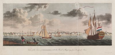 Vy över staden Paramaribo, med vägen och sjöfarten från den motsatta stranden av Unknown artist