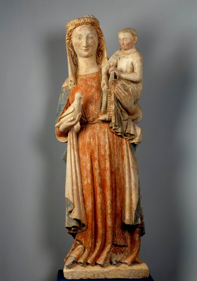 Jungfru och barn Jungfrun håller en duva i handen. Polykrom stenskulptur. 1400-talet. Kyrkan Montaigu les Bois. av Unknown artist