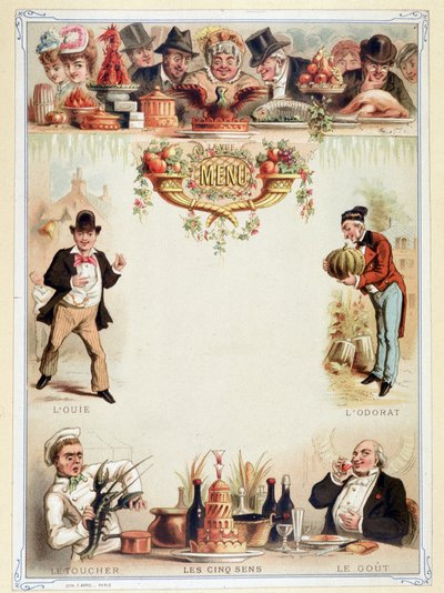 Virgin menu, illustrerar de fem sinnena - kromolitografi, sent 1800-tal av Unknown artist