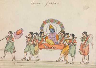 Vishnu rider på en Palanquin som består av kvinnliga skötare av Unknown artist