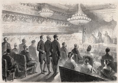 Besök av Vilhelm I av Preussen (1797-1888) i Compiegne: galashow på palatsteatern i närvaro av Napoleon III (1808-1873) - Gravyr i "" Den illustrerande världen" av Unknown artist