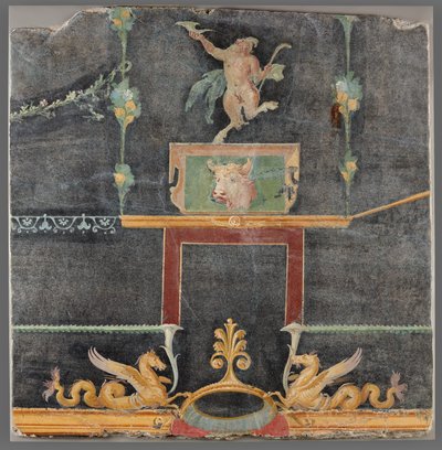 Väggfragment med dansande satyr, hippokamp och andra dekorativa motiv på svart botten av Unknown artist