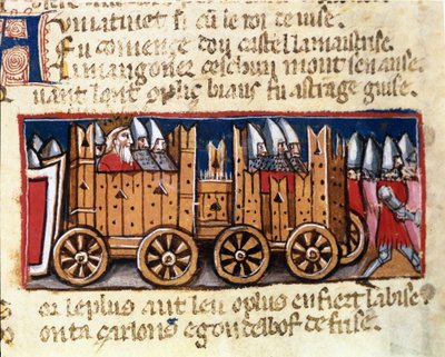 Krigsmaskiner, föregångare till vapentanken, som användes av Karl den Store mot Spaniens morer - i "Entrance of Spain", manuskript från 1300-talet. Biblioteca Marciana, Venedig. av Unknown artist