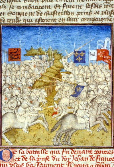 War of Hundred Years: Battle of Poitiers - i "" Grandes Chronicles de Saint-Denis", slutet av 1300-talet (ref. 512, 392v) av Unknown artist