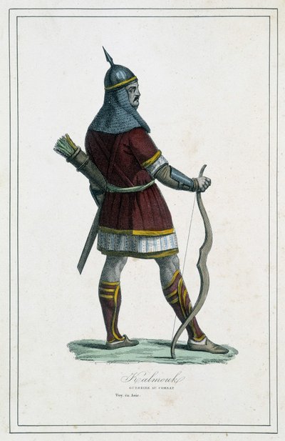 Warrior Kalmouk (mongoliska folket i södra Sibirien) - i "" Jordens olika folk"" av Abbé P. Jouhanneaud, Library of Good Books, Limoges av Unknown artist