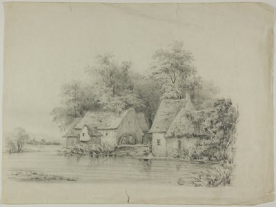 Vattenkvarn och stuga med halmtak av Unknown artist