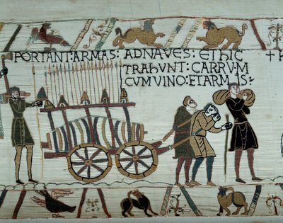 Vapen och vin förs till fartygen under tankningen för erövringen av England av Vilhelm Erövrarens flottor (1027-1087) 1066 Detalj av Bayeux gobeläng eller Broderi av Drottning Mathilde av Unknown artist
