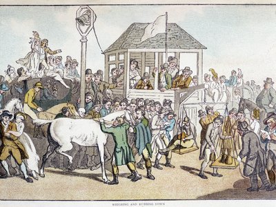 Vägning och tvätt inför ett hästkapplöpning (slutet av 1800-talet). av Unknown artist
