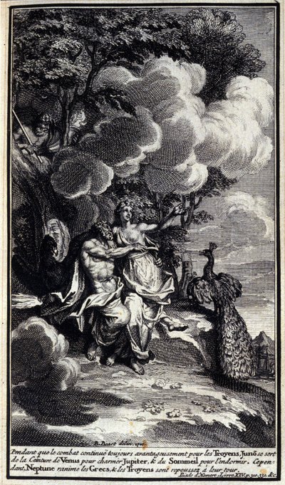 Medan kampen fortsätter att vara fördelaktig för trojanerna, använder Junon Venus bälte för att charma Jupiter och sömn för att få honom att somna. Men Neptunus återupplivar grekerna och trojanerna avvisas. Illustration av bok XIV av Iliaden av Homere, Fre av Unknown artist