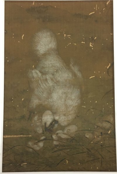 Vit höna och kycklingar av Unknown artist