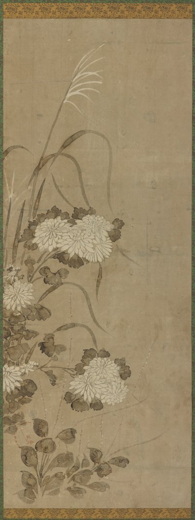 Vita krysantemum och gräs av Unknown artist