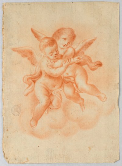 Bevingad Putti i moln av Unknown artist