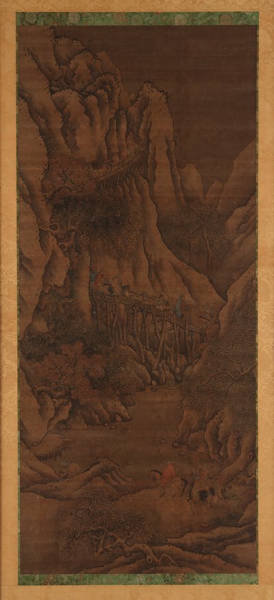 Vinterlandskap: kullar och flod; figurer av beridna resenärer av Unknown artist