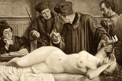 Trolldom. Forskare letar efter en mullvad på kroppen av en häxa, för att nypa den och studera reaktionen. Illustration av E. Van Hoove. 1888 av Unknown artist