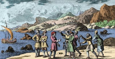 Häxkonst och övertygelser: finska och samer som provocerar en storm genom tre knops magi. Gravyr från "Mundi Mirabilis Oeconomia" av Johann Zahn (1631-1707) av Unknown artist