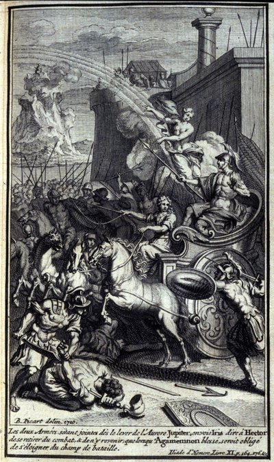 När de två arméerna anslöt sig till gryningens uppgång skickade Jupiter Iris för att berätta för Hector att dra sig tillbaka från striden och att återvända först när Agamemnon gör ont, skulle tvingas flytta bort från slagfältet. Illustration av bok XI av I av Unknown artist