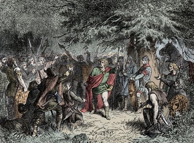 Wittekind kallar sina Saxons till vapen - Widukind av Sachsen (cirka 750-810) uppmanar saxarna att höja sina vapen mot Franco-invasionen av Karl den Store 777 av Unknown artist