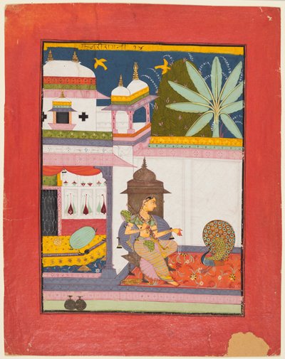 Kvinna som tilltalar en påfågel: Gujari Ragini från Megh, från en Ragamala av Unknown artist
