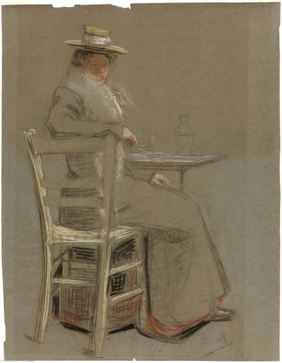 Kvinna som sitter vid ett bord av Unknown artist