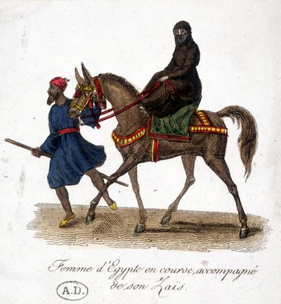 Kvinna från Egypten springer, åtföljd av hennes zaïs - gravyr, deb. 1800-talet av Unknown artist