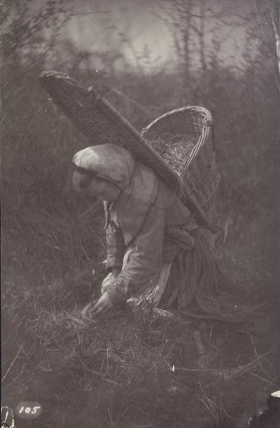 [Kvinna med korg på ryggen] av Unknown artist