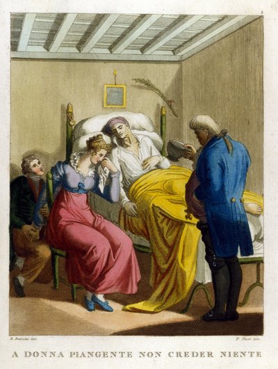 ”Kvinnans tårar, källa av illvilja. Se en kvinna som gråter." 1700-talsgravyr som illustrerar en rad ordspråk. av Unknown artist