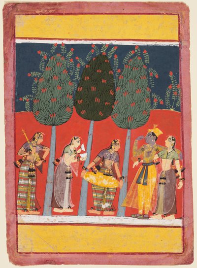 Kvinnor spelar musik för Radha och Krishna: Chitrani Nayika, från en Rasikpriya av Unknown artist