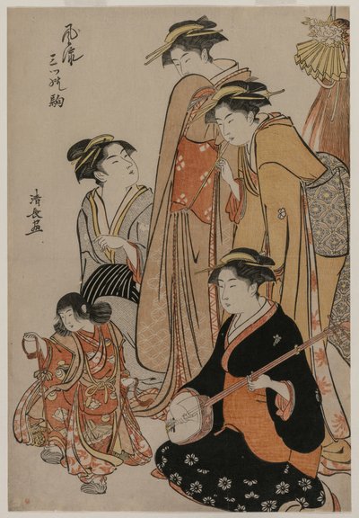 Kvinnor som tittar på en tjej som dansar på snäckor (från serien Fashionable Presentations of Three Horses) av Unknown artist