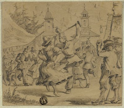 Kvinnor och soldater dansar på torget i byn av Unknown artist