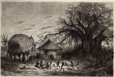 Kvinnor från kanterna av Zambeze viftande hyddor och i förgrunden, barns lek. Gravyr för att illustrera Dr. Livingstones första resor till södra Afrika från 1840 till 1856, i "Le tour du monde, nouveau journal des voyages"" publicerad under direkt av Unknown artist