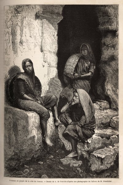 Kvinnor från folket på Concau-kusten (eller Konkan, Indiens norra kust). Gravyr för att illustrera resan i Indiens meridionalprovinser, av Alfred Grandidier, 1862-1864, publicerad i "" Le tour du monde""" 1869, redigerad av Edouard Charton, av Unknown artist