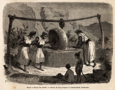 Kvinnors arbete, malning av oliver, en av de viktigaste jordbruksprodukterna i Djurjura (Algeriet). Gravyr för att illustrera utflykten till den stora Kabilie, mellan Medelhavet och Djurjura, 1864, av befälhavaren Duhousset, i "" Le tour du mo av Unknown artist
