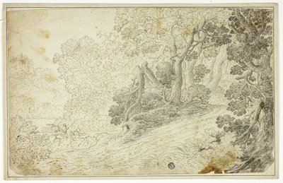 Skogbevuxen flodlandskap med utsikt över slottet av Unknown artist