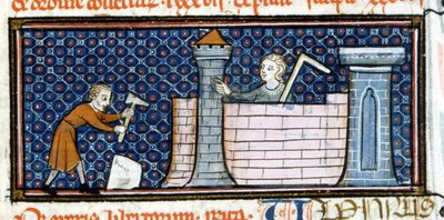 Arbetare som bygger ett befäst kloster, miniatyr från mitten av 1200-talet. Biblioteca Trivulziana. av Unknown artist
