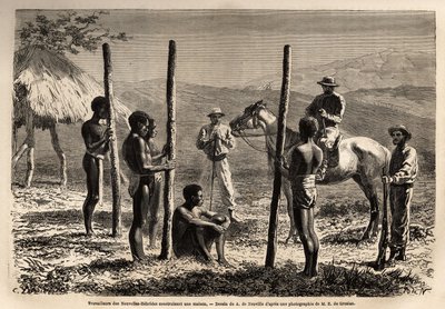 Arbetare från Nya Hebriderna (eller sedan 1980, Republiken Vanuatu, en melanesisk ögrupp i norra Nya Kaledonien), bygger ett hus, som författaren möter under en utflykt till häst. Gravyr för illustrrer le voyage à la Nouvelle Caledonie, av Unknown artist