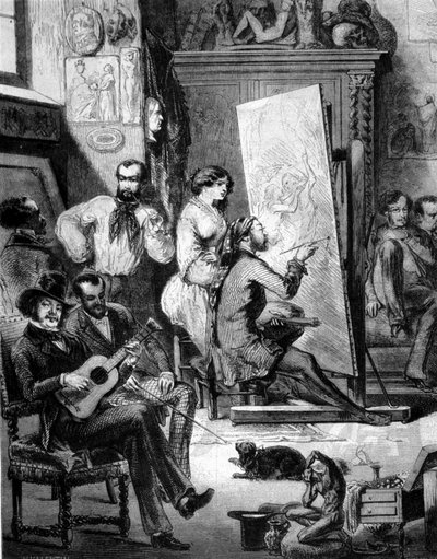 Verkstad av en målare på 1800-talet. Vissa spelar musik, andra röker medan målaren ritar. Gravyr av 1800-talet av Unknown artist