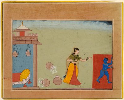 Yashoda tuktar sin fosterson, den unge Krishna, sida från ett manuskript av Bhagavata Purana av Unknown artist