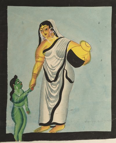 Yasoda tar spädbarnet Krishna på en promenad av Unknown artist
