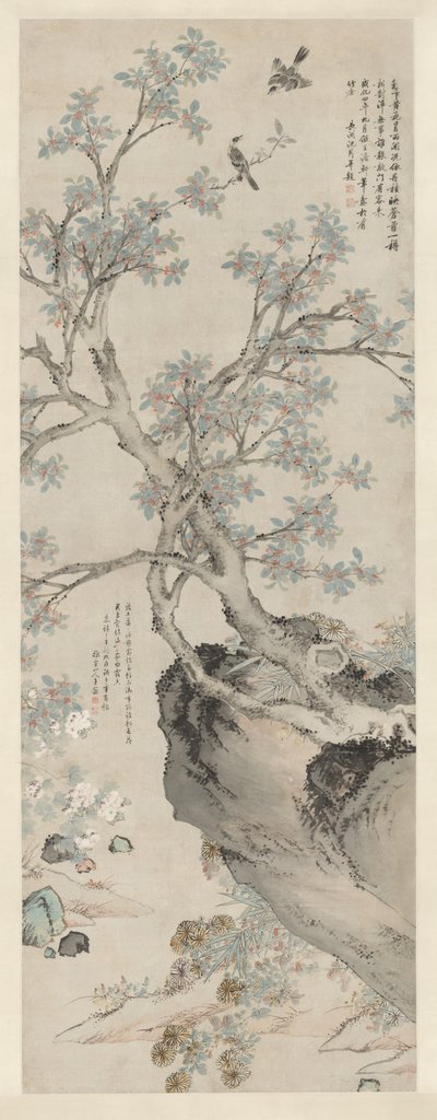 Gula krysantemum och röd osmanthus i stil med Wang Yuan av Unknown artist