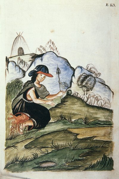 Ung indisk herdinna som föder barn i naturen, från boken "Trujillo del Peru" eller "Códice Martínez Compañón", av Baltazar Martinez Compañón y Bujanda, biskop av Trujillo (1782-1785) av Unknown artist