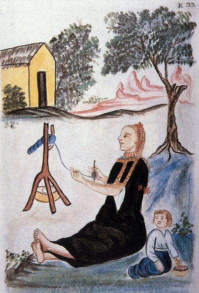 Ung indisk kvinna som spinner ull, från boken "Trujillo of Peru" eller "Codex Martinez Companion", av Baltazar Martinez Companion och Bujanda, biskop av Trujillo (1782-1785) av Unknown artist