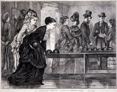 Unga kvinnor som spelar bowling, i USA, cirka 1870 - gravyr av Unknown artist