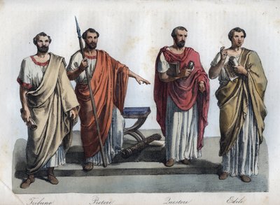 magistrater i det antika Rom - Tribunus (Tribune) - praetor (Preteur) (Magistrate) - Quaestores (Quaestors) - aediles (ediles) gravyr från "" Användningar och seder för alla folk i universum. Eller historien om regeringen, lagarna, milisen, kungens av Unknown artist