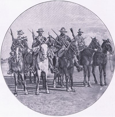 Boers beväpnade med gevär och paraplyer, från After Pretoria: The Guerilla War publicerad av Harmsworth Bros Limited av Unknown photographer