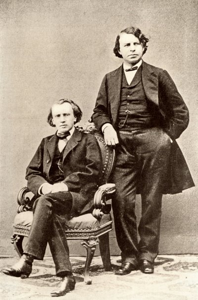 Johannes Brahms (1833-1897), tysk kompositör, sittande tillsammans med Joseph Joachim (1831-1907), ungersk violinist och kompositör samt chef för Berlins konservatorium. Rasterton från ett fotografi (tryck) av Unknown photographer
