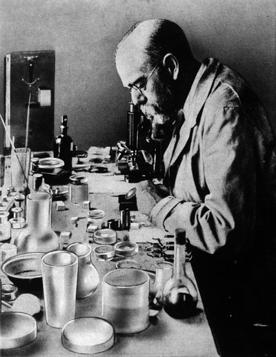 Porträtt av den tyske läkaren Robert Koch (1843-1910) i hans laboratorium. av Unknown photographer