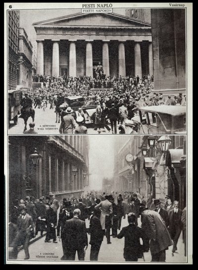 Överst: Svarta dagar på Wall Street; Nederst: Börsen i London vid tiden för kraschen 1929, ur "Pesti Naplo av Unknown photographer