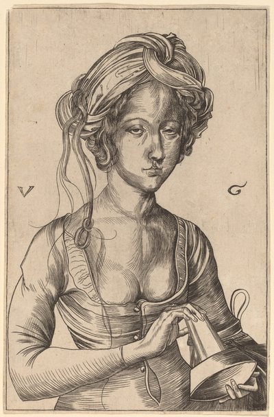 En bystfigur av en dåraktig jungfru som håller i sin inverterade lampa av Urs Graf I after Martin Schongauer