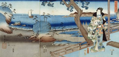 Prins Genji tittar på Suma Beach (triptyk) av Utagawa  Hiroshige and Kunisada